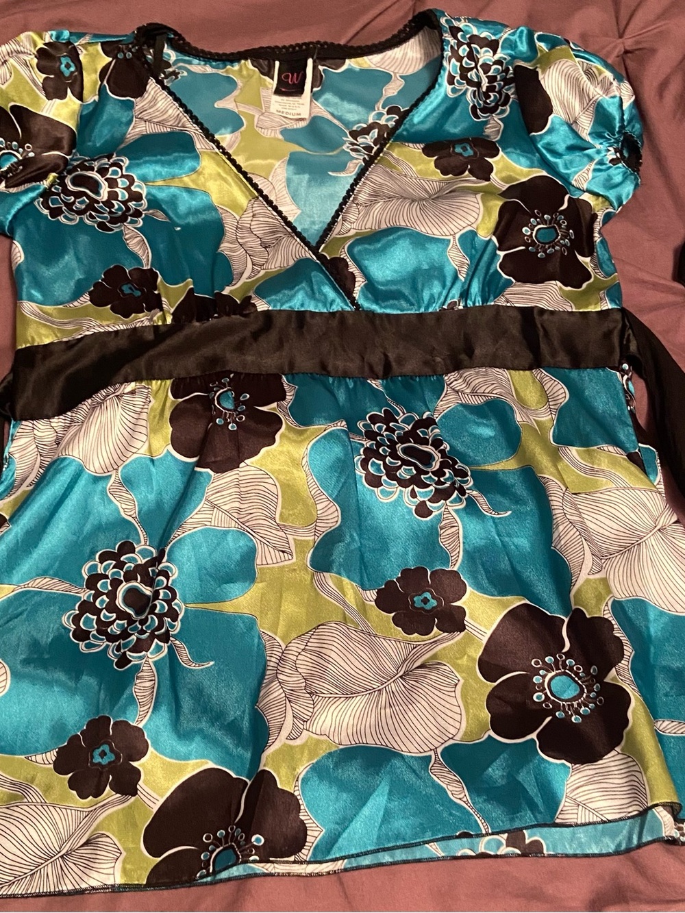 Wrapper Floral Satin Blouse in Teal, Lime & Black